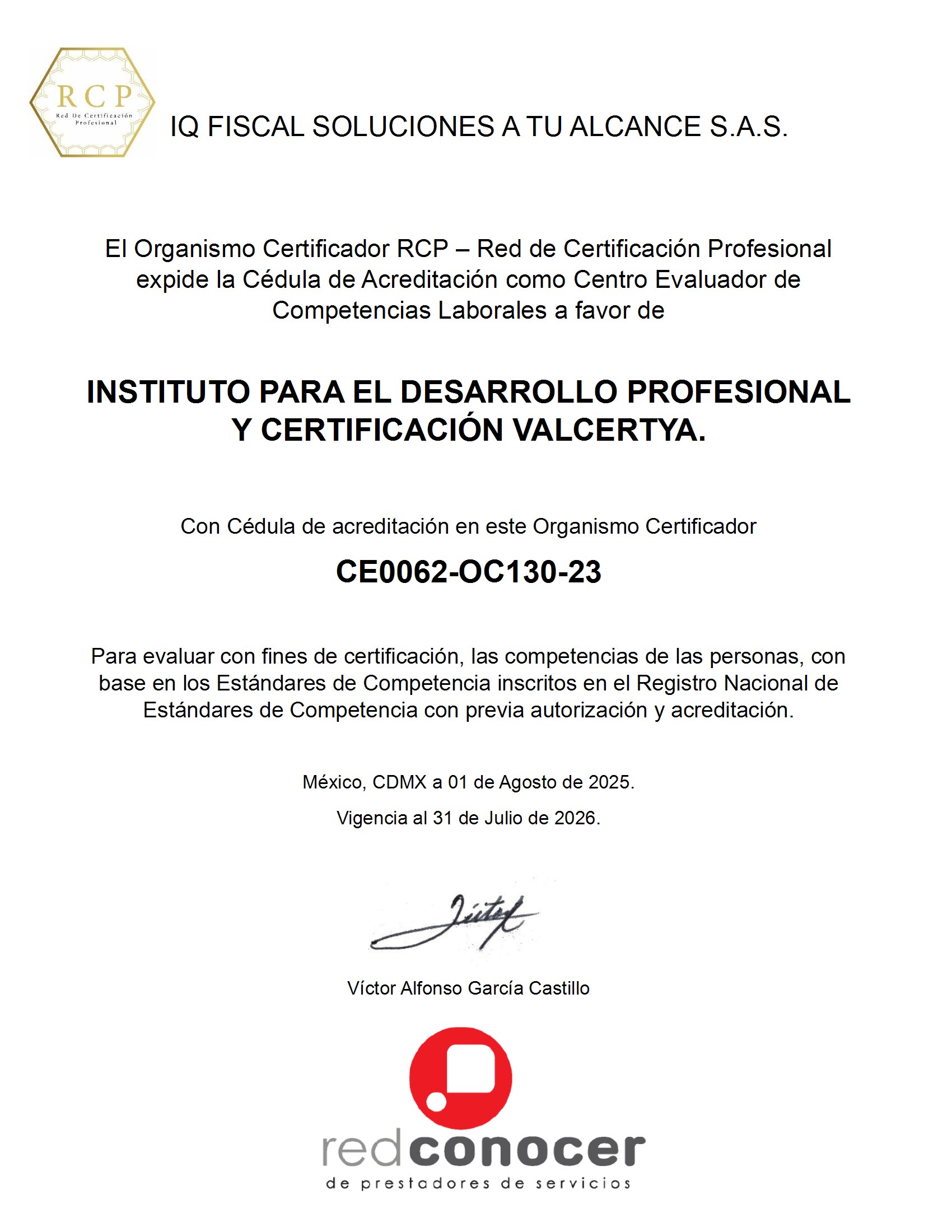 Cédula de Acreditación Valcertya