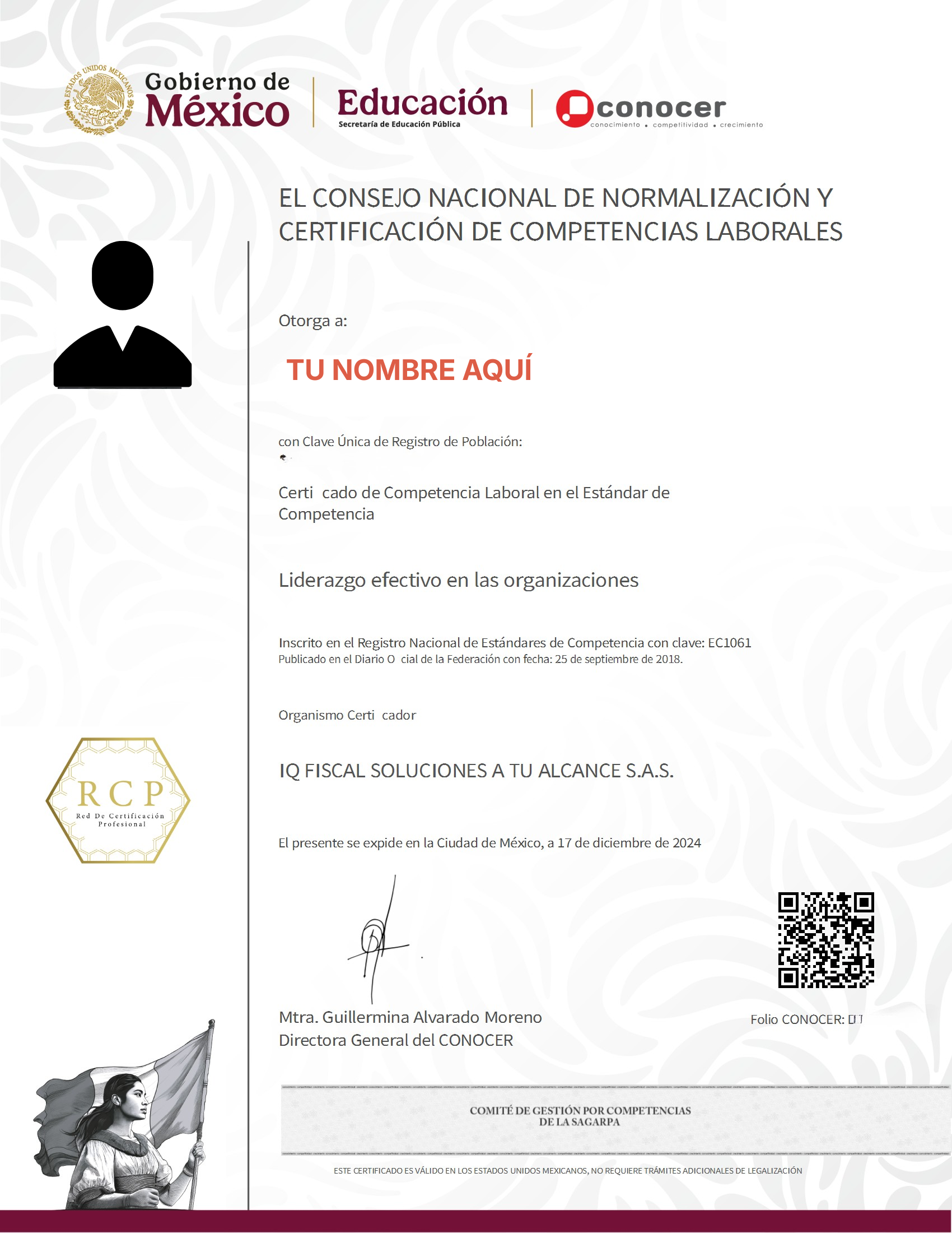 Referencia visual del Certificado Oficial de Liderazgo EC1061